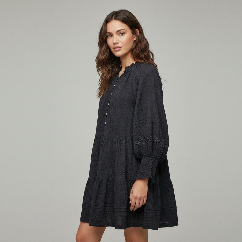 Cleobella Black Cotton Dobby Tiered Mini Dress Smocked Sleeve Boho Womens Small